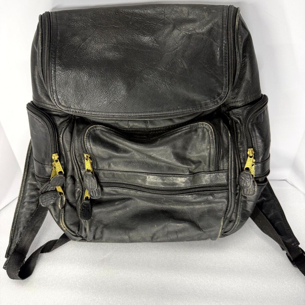 Vtg FRYE Leather Backpack Multi Pocket Travel Rucksack Shoulder Straps Black 90s